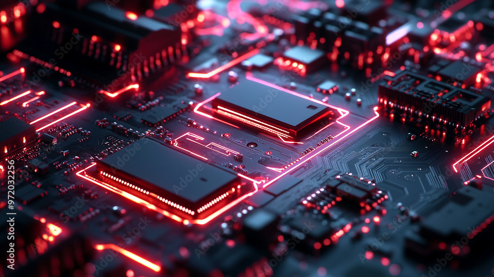 Poster futuristic illustration of a circuit board with glowing red components and intricate design