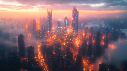 Fototapeta premium A smart city glowing under the twilight, communication lines connecting high-tech skyscrapers and digital traffic systems. The illuminated grid forms a web of data and connection,