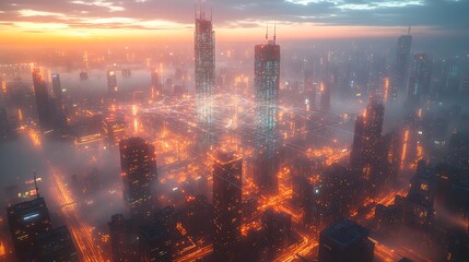 Obraz premium A smart city glowing under the twilight, communication lines connecting high-tech skyscrapers and digital traffic systems. The illuminated grid forms a web of data and connection,