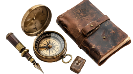 Sailor's Keepsakes: Brass Compass and Leather Diary Bundle on white background