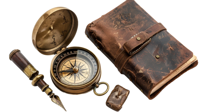Sailor's Keepsakes: Brass Compass and Leather Diary Bundle on white background