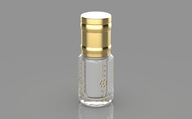 A traditional perfume bottle used for storing essential oils like oud or musk is typically small and ornate. These bottles, often referred to as "qumqum" or "mashiyeh", are cylindrical or spherical in