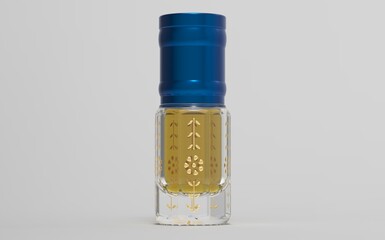 A traditional perfume bottle used for storing essential oils like oud or musk is typically small and ornate. These bottles, often referred to as "qumqum" or "mashiyeh", are cylindrical or spherical in