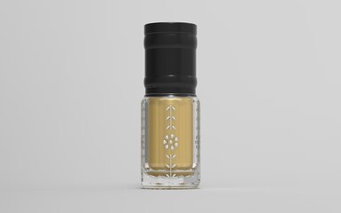 A traditional perfume bottle used for storing essential oils like oud or musk is typically small and ornate. These bottles, often referred to as "qumqum" or "mashiyeh", are cylindrical or spherical in