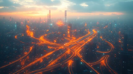 Fototapeta premium A sprawling futuristic city glowing with interconnected neon lines, where highways, trains, and skyscrapers are seamlessly linked by glowing communication networks.