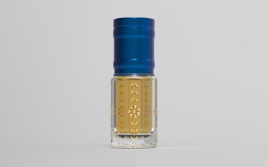 A traditional perfume bottle used for storing essential oils like oud or musk is typically small and ornate. These bottles, often referred to as 