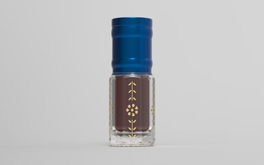 A traditional perfume bottle used for storing essential oils like oud or musk is typically small and ornate. These bottles, often referred to as "qumqum" or "mashiyeh", are cylindrical or spherical in