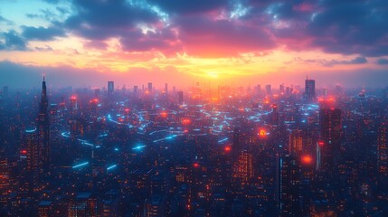 Obraz premium A sprawling metropolis at dusk, where neon-lit data streams link mobile devices, homes, and businesses. The vibrant lines of digital communication create a web of energy over the urban landscape,