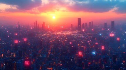 Fototapeta premium A sprawling metropolis at dusk, where neon-lit data streams link mobile devices, homes, and businesses. The vibrant lines of digital communication create a web of energy over the urban landscape,