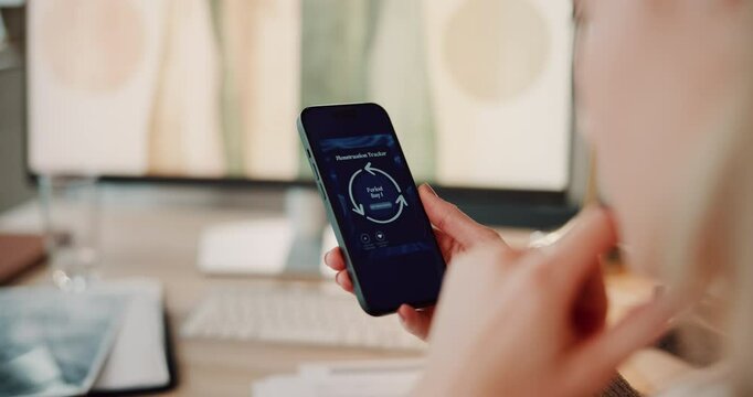 Hands, woman and phone screen with period tracker for counting days, menstrual cycle and reading schedule. Girl, mobile and gynecology app for ovulation date fertility calendar and pregnancy at house