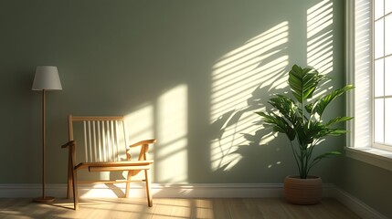 Minimalist Living Room with a Wooden Chair and a Houseplant