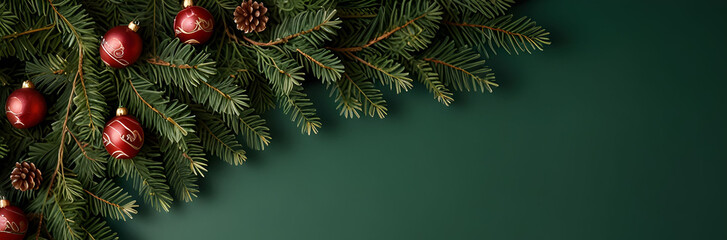 Obraz premium Minimalistic decorated Christmas tree with ornament on festive background with blurred lights garland. Xmas celebration concept. Banner with copy space