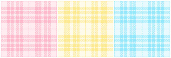 Pink, yellow and light blue tartan plaid pattern set. Classic Scottish seamless check pattern for plaid fabric, flannel shirt, blanket, clothes, skirt, tablecloth, textile.