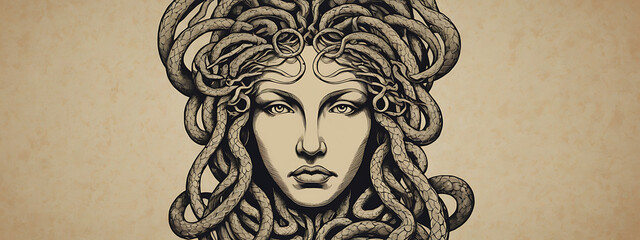 A simple design of Medusa's head with abstract snakes, symbolizing fear and transformation from Greek mythology, set against a plain backdrop with copy space.