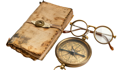 Nostalgic Navigations: Brass Compass and Vintage Stationery Ensemble on white background