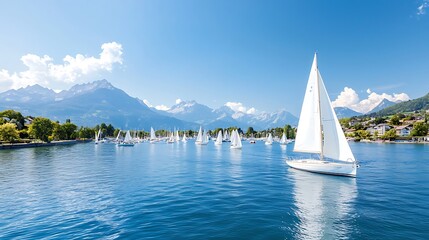 Obraz premium An ultra-sharp photograph of a picturesque harbor filled with sailboats, set against a bright blue sky and distant mountains. The image features deep depth of field and space for text in the sky and