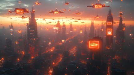 Obraz premium A tech-driven metropolis bustling with floating drones and holographic billboards, interconnected by glowing communication lines. The futuristic streets are lit up by neon holograms,