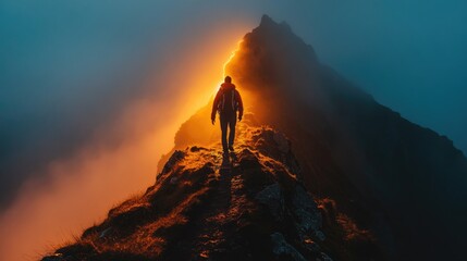 A lone hiker ascends a mountain ridge bathed in golden light, with a dramatic fog-filled sky.