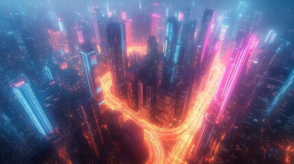 Fototapeta premium A top-down view of a modern city at night, with bright data lines glowing in neon colors, connecting skyscrapers and roads in a web of digital networks. The city pulses with technological energy,