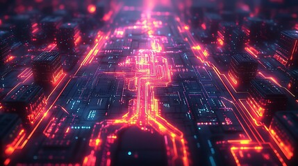 Fototapeta premium A top-down view of a smart city powered by AI, with glowing neon circuits connecting every structure and transportation system. The digital network pulses with vibrant energy,
