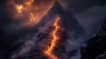 A solitary figure walks up a fiery path leading to the peak of a mountain, illuminated by an otherworldly glow in the sky.