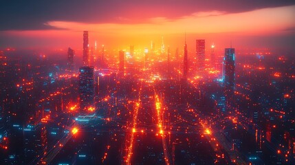 Fototapeta premium A vibrant aerial view of a futuristic smart city, with glowing digital networks connecting buildings, streets, and transportation hubs.