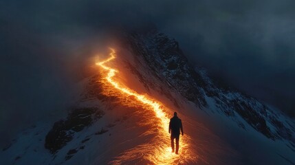 A lone figure walks along a path of fire on a snowy mountain top under a dark, cloudy sky.
