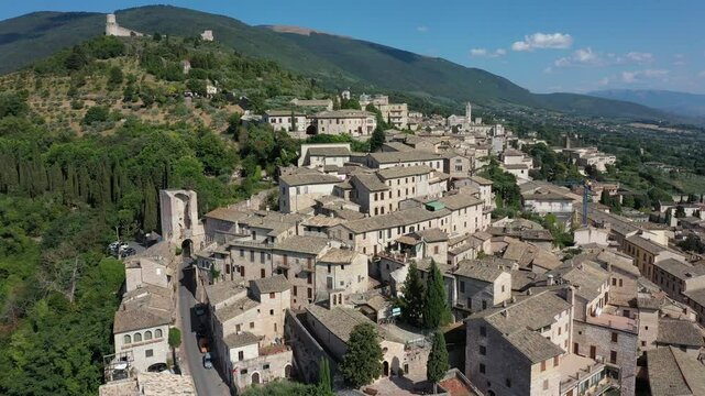 Aerial view of Basilica di San Francesco d'Assisi on a summer day, Perugia, Italy, Europe