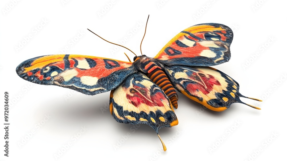 Poster 70. a lifelike 3d render of a colorful moth with elaborate wing patterns, isolated on a pristine whi