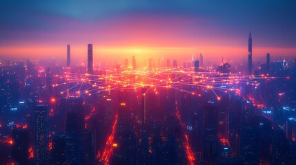 A vibrant city skyline glowing with neon data streams connecting mobile devices, homes, and business centers. The communication lines form a web of digital energy over the cityscape,