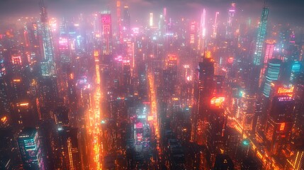 Aerial view of a cyberpunk city glowing with neon lights, data streams forming bright pathways between sleek skyscrapers and smart infrastructure.