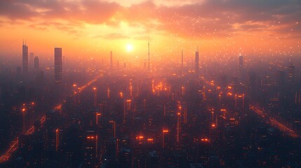 Aerial view of a futuristic city at sunset, with visible digital data streams connecting wireless towers, smart homes, and satellites. The skyline glows in deep orange and pink hues,