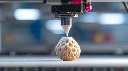 An ultra-sharp close-up of a 3D printer nozzle creating a complex part, with the background...