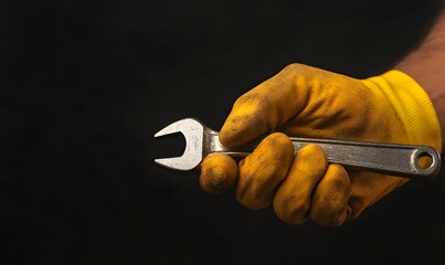 Hand Holding Wrench In Yellow Glove, Generative AI 