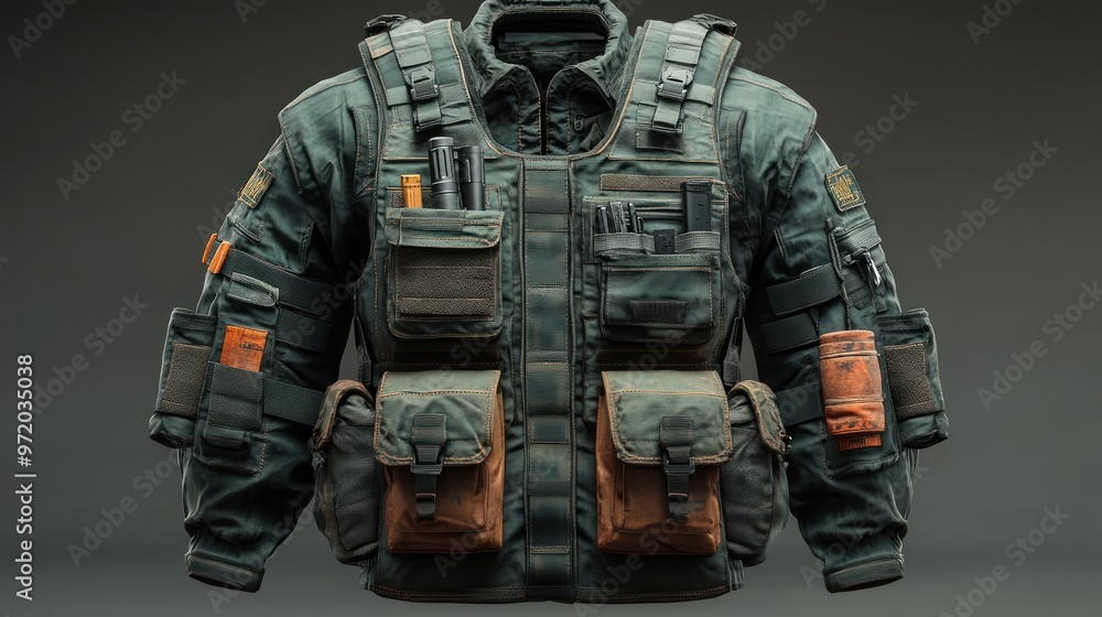 Poster tactical jacket with multiple pockets for utility and storage.