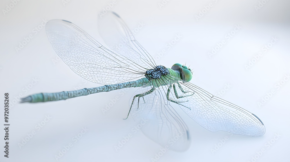 Poster 72. a close-up 3d render of a tiny green dragonfly with delicate wings, isolated on a pristine white