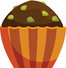 Chocolate cupcake decorated with crushed pistachios, sitting in an orange paper cup, perfect for representing bakery and pastry concepts