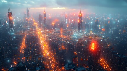 Fototapeta premium An aerial view of a futuristic city, with illuminated data lines connecting every building and road, forming a glowing digital web. The cityscape is alive with energy,