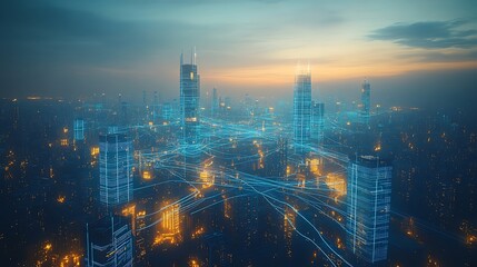 Fototapeta premium Bird’s-eye view of a high-tech futuristic city at twilight, with interconnected communication lines glowing in soft blue, wrapping around modern skyscrapers and smart transportation networks.