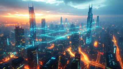Fototapeta premium Futuristic smart city at dusk, with a glowing network of neon blue and green communication lines flowing between skyscrapers, smart roads, and transport hubs.