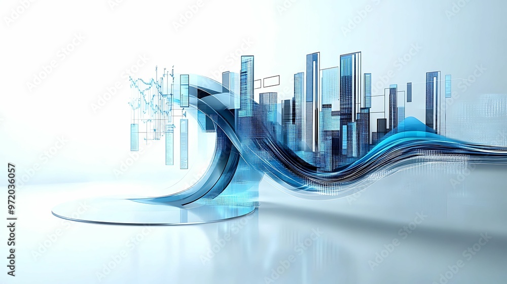 Poster visual representation of regulatory impact on economic trends with 3d modeling, ideal for text overl