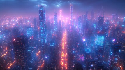 Obraz premium High-tech cityscape viewed from above, with bright blue and purple communication networks glowing between buildings and streets, forming a visible web of data and energy.