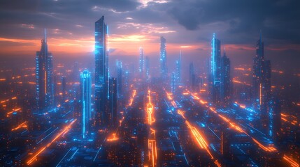 Fototapeta premium High-tech metropolis seen from above, with glowing blue and orange lines representing data streams connecting transportation hubs, skyscrapers, and residential areas.