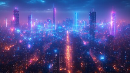 Obraz premium Nighttime view of a futuristic city, its illuminated skyline connected by neon blue and purple communication lines weaving between buildings and transportation hubs.