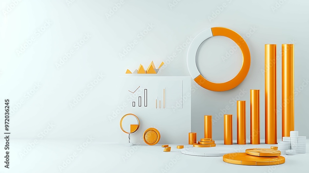 Poster 3d rendering of the future of economic policy with a regulatory focus. with orange chart bars.