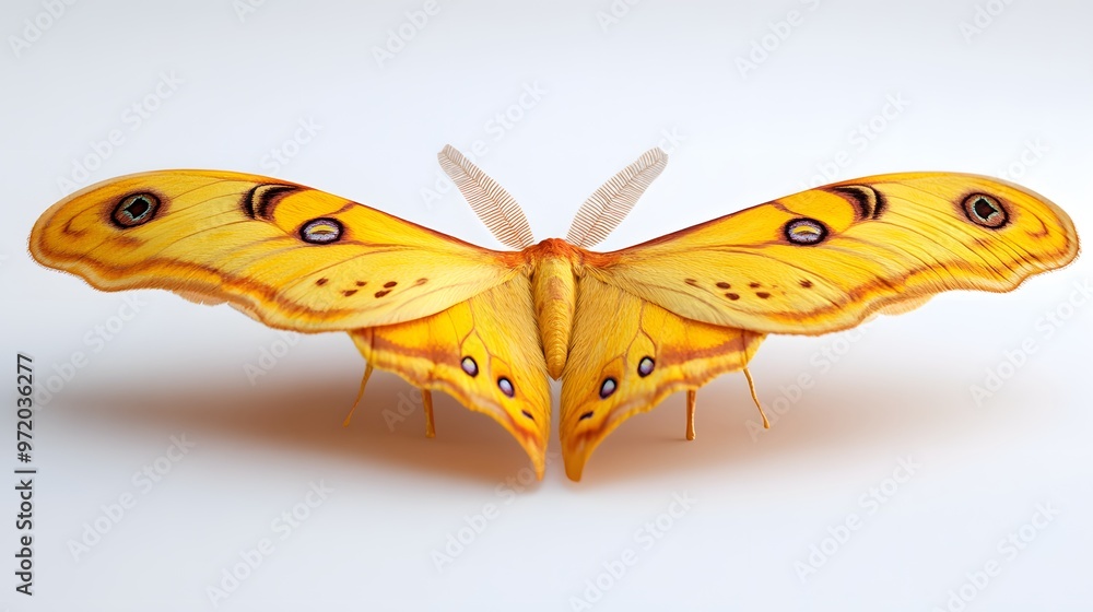 Poster 58. a lifelike 3d render of a large yellow moth with detailed wing patterns, isolated on a pristine 