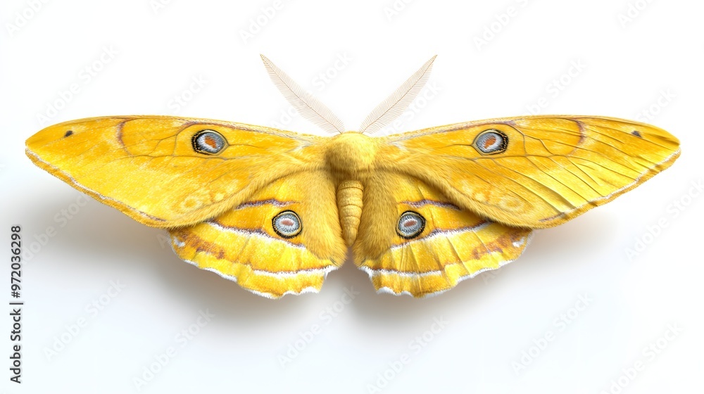 Poster 58. a lifelike 3d render of a large yellow moth with detailed wing patterns, isolated on a pristine 