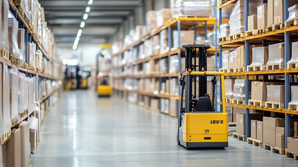 A high-definition photograph of a modern logistics center with rows of shelves and automated forklifts in operation. The image features deep depth of field with space for text at the top of the image.
