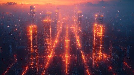 Obraz premium Top-down view of a futuristic neon city with glowing pathways connecting smart infrastructure and tall glass skyscrapers. The vibrant data streams pulse through the city, creating a network of light,