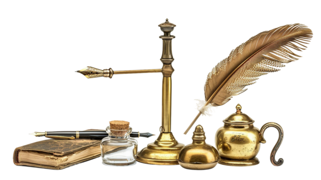 Timeless Writing Tools: Brass Desk Lamp, Quill Pen, and Inkwell Ensemble on white background